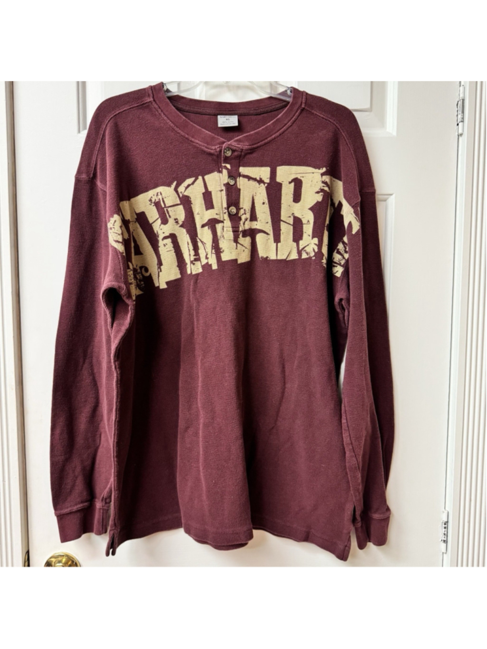 Carhartt Men's XL Maroon Henley Style Long Sleeve Shirt Logo 100% Cotton